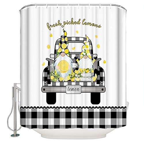 TocaHome Shower Curtain for Bathroom,Lack and White Check Truck with Cartoon Dwarfs and Lemon 72x84inch Waterproof Polyester Fabric Shower Rings Included