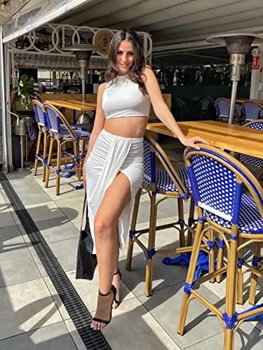 Image of ZAFUL Women's Casual Sleeveless Summer Two Piece Outfits Crop Top and Side Split Draped Ruched Maxi Skirt Set Solid Suiting