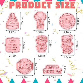 Hoolerry 8 Pcs Birthday Theme Cookie Cutters Set 3D Cake, Happy Birthday, Flower, Balloon, Bear Shape Cookie Cutters Stamps for Party Baking and Decoration DIY Supplies