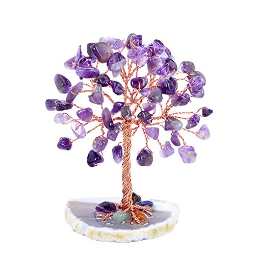 GEHECRST Feng Shui Geldbaum Lebensbaum Naturstein Kristall Baum Wire Wrap Trommelsteine Kristallbaum mit Achat Basis für Reichtum und Glück, Familie Büro Dekoration (Amethyst) Cover