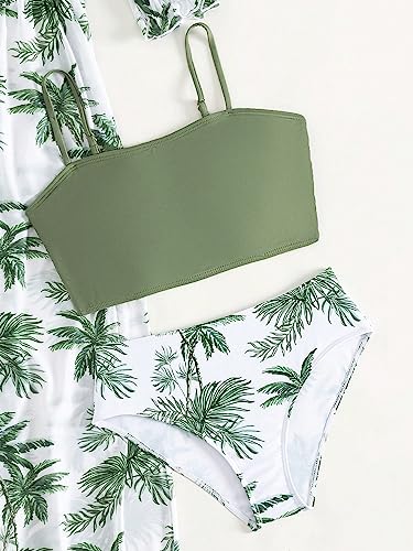 WDIRARA Girl's 4 Piece Swimsuit Tropical Print Bikini Swimsuit with Cold Shoulder Cover Up Set4
