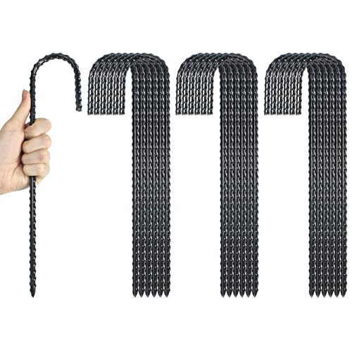 12 Inch Rebar Stakes Heavy Duty J Hook, Coated Steel Ground Stakes Tent Stakes Ground Anchors for Chain Link Fence Stakes and Trampoline Stakes (6), Black
