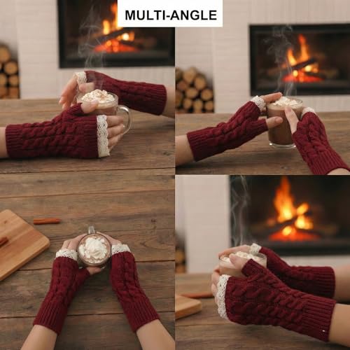 Image of Kraptick Women's Cable Knit Fingerless Gloves - Winter Arm Warmers with Elegant Lace Trim & Thumb Hole - Soft Woolen Thermal Half Finger Mittens for Typing, Driving & Office Work (Free Size, khaki)-1