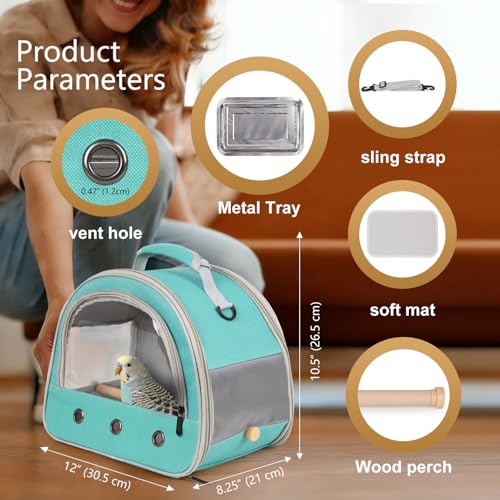Image of Bird Carrier, Portable Small Bird Parrot Parakeet Carrier with Standing Perch and Stainless Steel Tray, Side Access Window Collapsible (Green, Horizontal Perch)