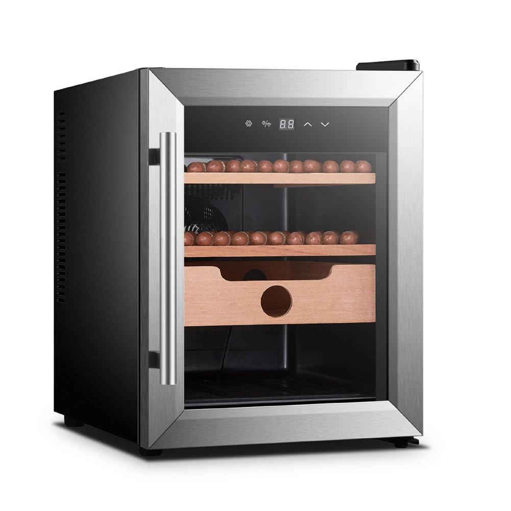 35L Humidor elektryczny, system kontroli temperatury, chłodzony i podgrzewany humidor z hiszpańskimi półkami cedrowymi i higrometr, oświetlenie LED i ciche działanie