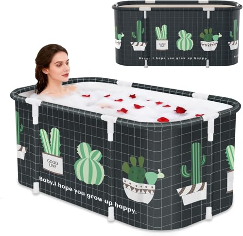 Image of Foldable Adult Bath Tub for Home Spa | Large Portable Bathtub with Backrest & Handle | Insulated Folding Tub for Hot & Cold Soak, Ice Bath, Bubble Bath & Relaxing Spa (Cactus)