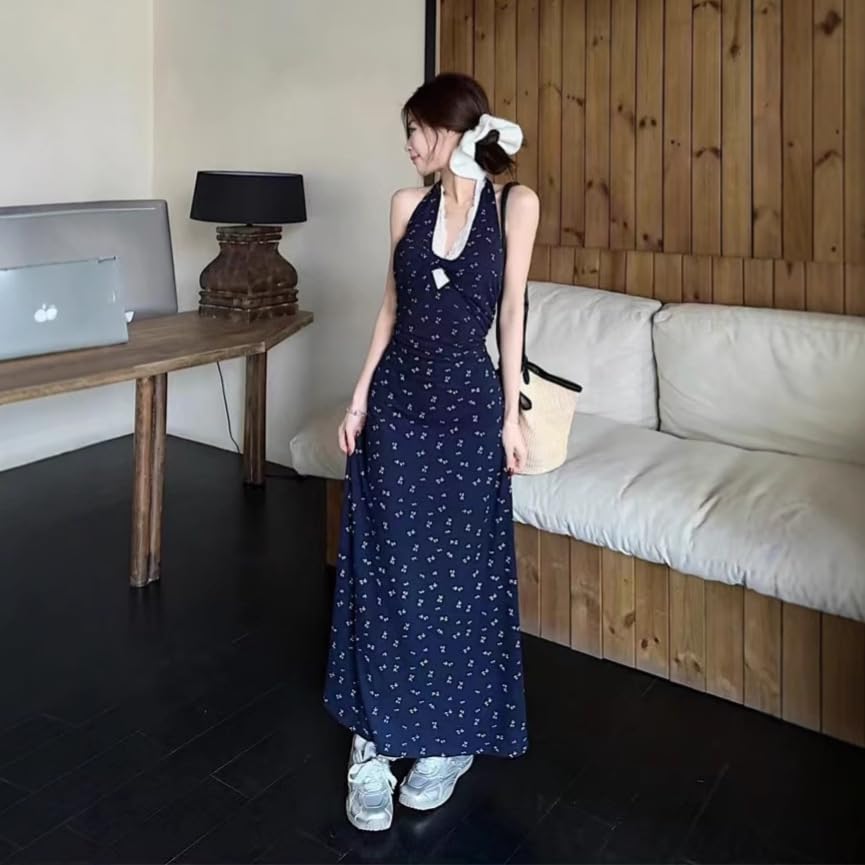 French lace Sleeveless Hanging Neck Floral Dress, Children's Seaside Suspender Dress, Hip Hugging Long Skirt3