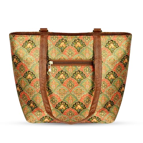 Image of Storite Women's Tote Bag with Leather Handles & Embroidery Printed Handbag with Zip Pockets, Shoulder Tote Bag and Handbag for Office and College