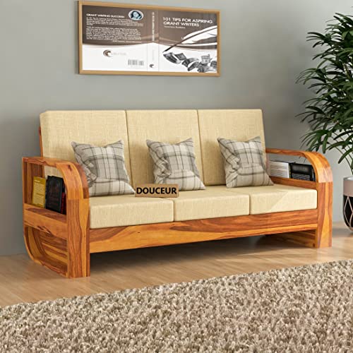 Image of Douceur Furnitures Solid Sheesham Wood 3 Seater Sofas | Three Seater Sofa for Living Room, Cafe, Office | (Honey Teak Cushion Beige)