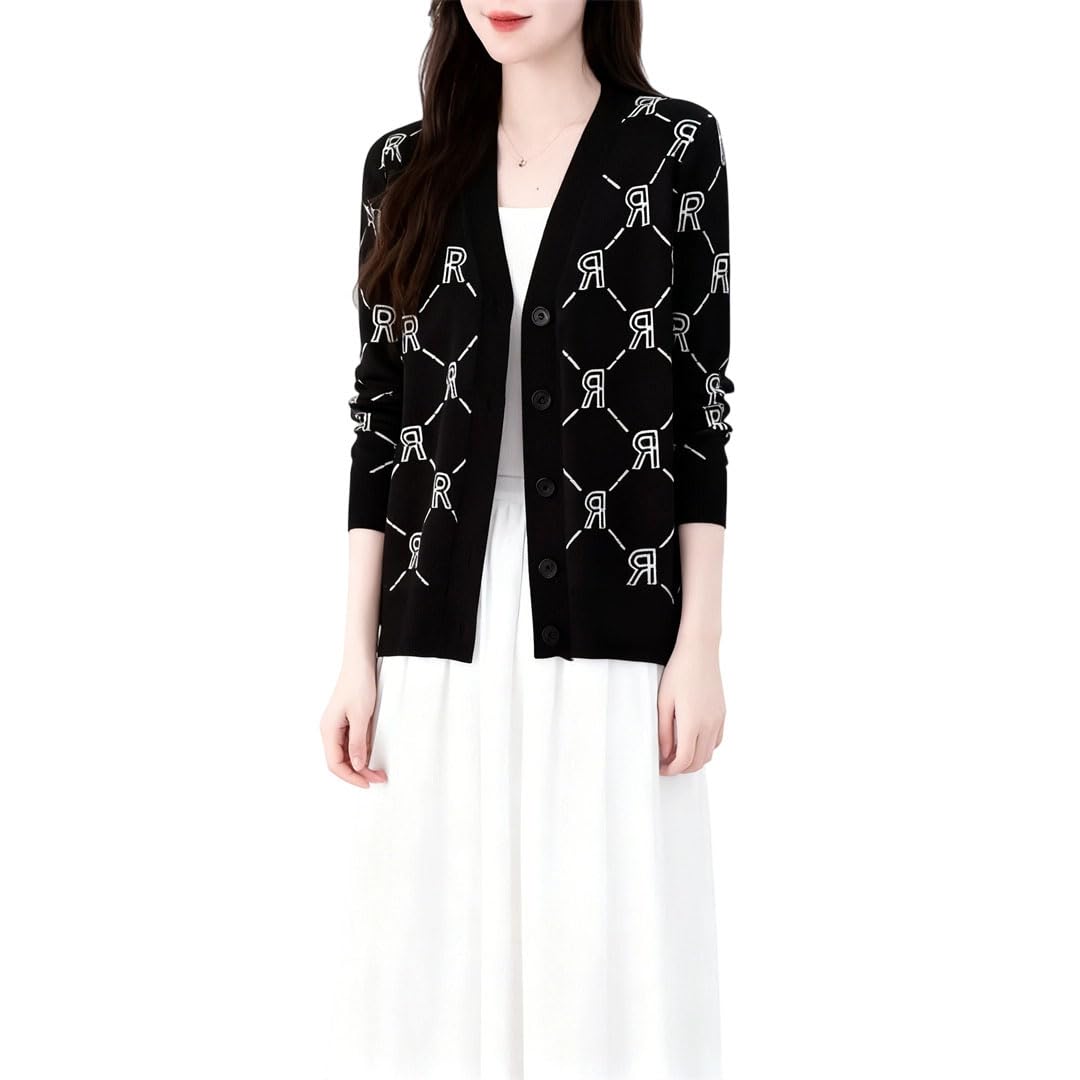 Women Spring Fall Textured Color Block V-Neck Sweater Loose Age-Reducing Knitted Cardigan
