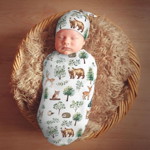 Image of Watercolor Woodland Animal Tree Swaddle Blanket with Beanie Hat Set Newborn Receiving Blankets Baby Swaddle Wrap Soft Swaddle Blankets for Baby Boys and Girls