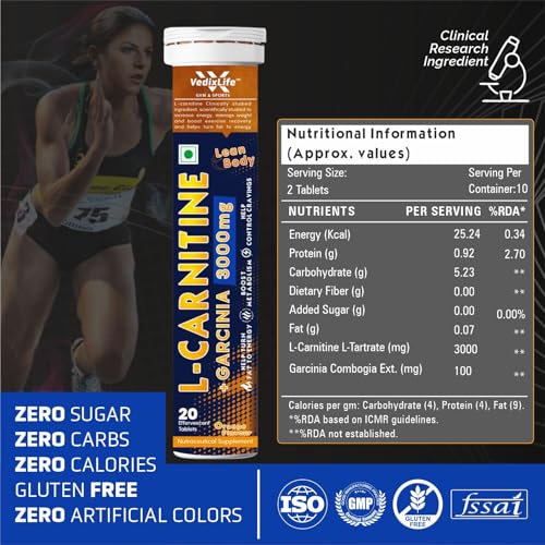 Image of L Carnitine 3000mg Effervescent Tablets | L Carnitine Supplement with Garcinia Cambogia | Fat Burner for Weight Loss, Energy & Lean Body | Orange Flavour, 20 Tabs (Pack of 3)