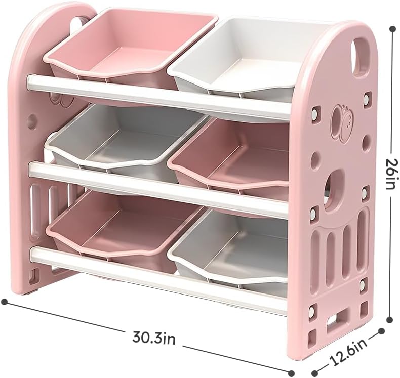 Kids Toy Storage Organizer with 6 Bins, Multi-functional Nursery Organizer Kids Furniture Set Toy Storage Cabinet Unit with HDPE Shelf and Bins for Playroom, Bedroom, Living Room,Kindergarten (Pink)