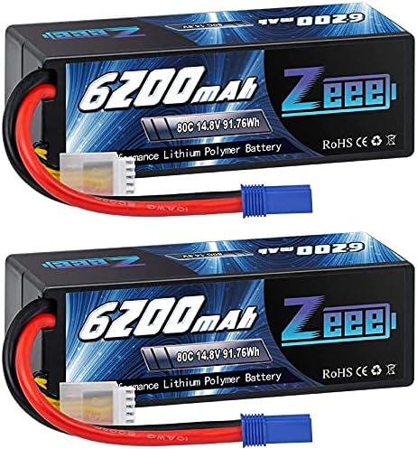Zeee 4S Lipo Battery 14.8V 80C 6200mAh Hard case Battery with EC5 Connector for Car Truck Tank RC Buggy Truggy Racing Hobby (2 Packs)