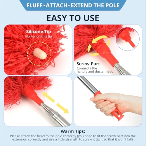 Image of ZZ LAZYCOTTAGE Microfiber Duster with Extension Pole,Washable Bendable Head Ceiling Fan Duster,15-100 inch (Red)