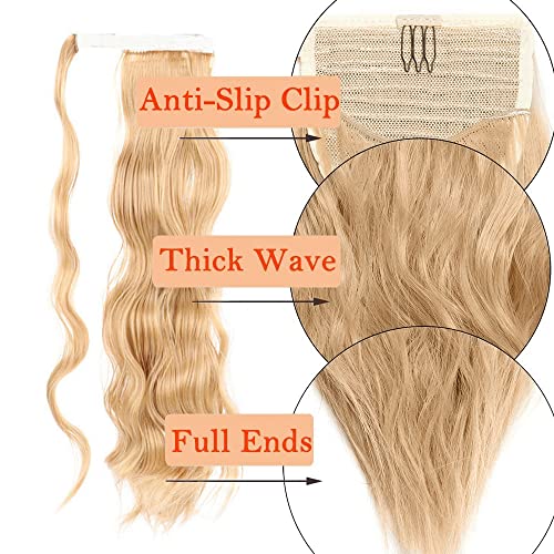 Long Ponytail Hair Extension Curly Wavy Wrap Around One Piece Pony Tail Extensions Clip in Synthetic Hairpieces Wig with Magic Paste for Women Girls Brown Blonde 24" - Image 3