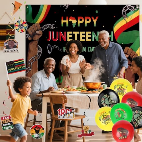 Image of Juneteenth Decorations Set, 20 Pack Small Juneteenth Flag Stick 5''x8'', Balloons, Banner, Backdrop, Hanging Swirls for Party