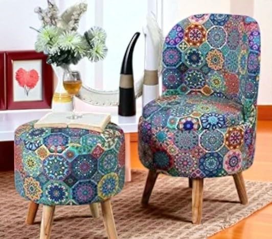 Image of Ottoman for Living Room, Velvet Round Foot Rest Stool, Wooden Legs Chair for Sitting, Ottoman for Bedroom & Makeup Room Decor | Chair (18 inchx18 inchx32 inch), Puffy (16 inchx16 inchx17 inch) | Healing Energy