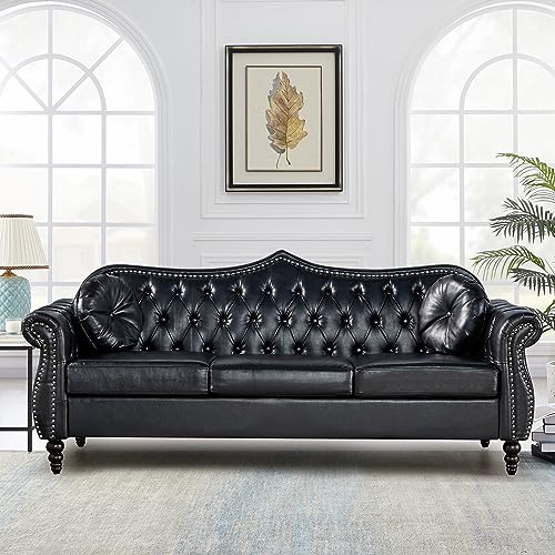 AVZEAR 82' Three Seater Leather Sofa, Chesterfield Sofa, Mid-Century Modern PU Upholstered Sofa Couch, Deep Button Tufted Living Room Sofa with Two Throw Pillows, Black