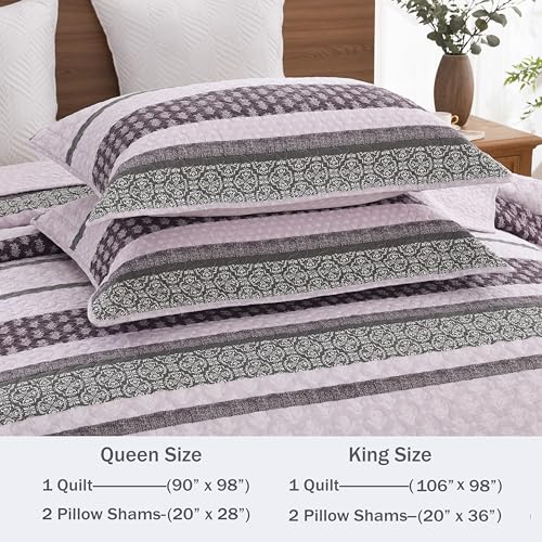 Image of Homzard King Size Comforter Set, Cotton Quilt, Purple and Grey Bedding Set, Lightweight Striped Bedspread, Reversible Coverlet King Size (106 inchX98 inch) with 2 Pillow Shams All Season