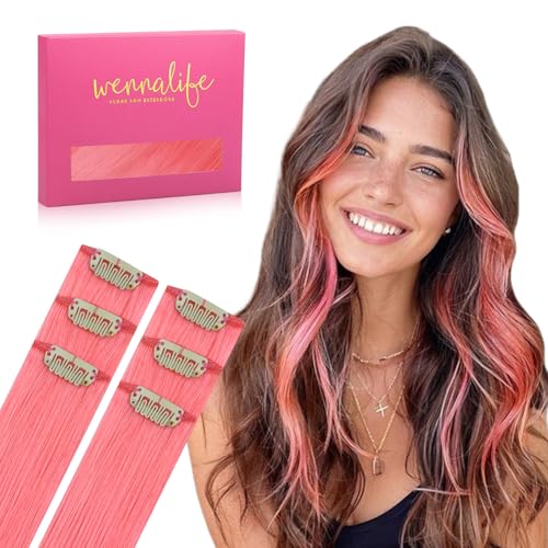 WENNALIFE Light Pink Clip in Hair Extensions Real Human Hair 35g 6pcs 20 Inch Colored Hair Extensions for Kids Women Colorful Hair Pieces Pop-up Style Straight Extensiones De Cabello Humano Con Clip