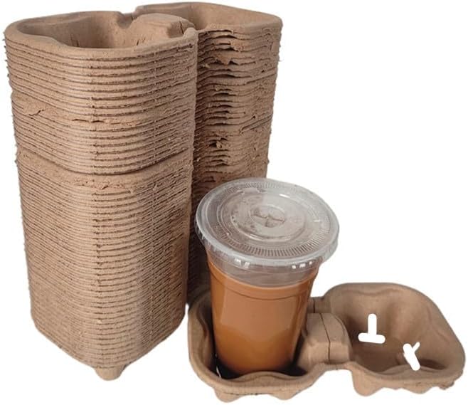 Disposable 2 Cup Drink Carrier Trays, Biodegradable Pulp Fiber Coffee Carry Tray, Compostable No Spill Drink Cup Holder for Hot Cold Beverages, Car, Food Delivery, Restaurants and Cafes Shop (50 Pack) - Image 6