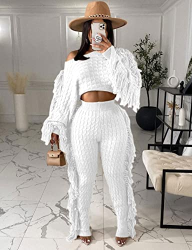 Image of KANSOON 2 Piece Sweater Set for Women Cable Knit Fringe Crop Top and Pants | Cozy feel, ribbed high waist, comfortable stretch fit for birthday and chilly going-out outfits