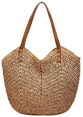 Summer Casual Straw Tote Bag Large Capacity Woven Shoulder Handbag for Summer Beach Vocation (A-Khaki)