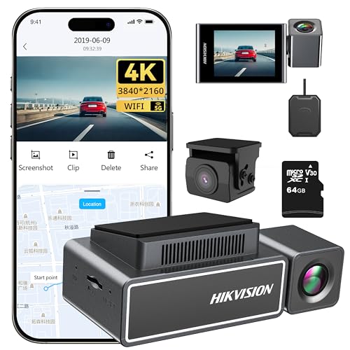 Hikvision Dashcam Auto Vorne Hinten, 4K+1080P Dash Cam mit GPS WiFi, 2,45' IPS-Touch Screen mit 64GB...