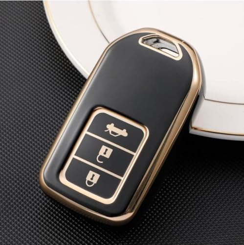 Image of TPU Car Key Cover Black & Golden Compatible for Honda City, Amaze, WR-V, Jazz, Civic, BR-V, CR-V (Honda, 3 Button Push Smart Key)