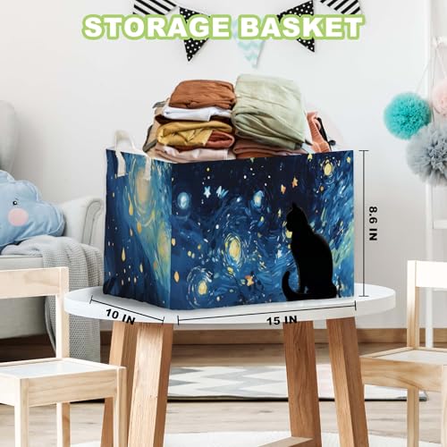 Image of Starry Night Black Cat Toy Basket, Closet Shelf Organizer Baskets for Nursery Decor, Bathroom, Bedroom, Home Decor Gift Basket Large Squarecanvas Laundry Hamper With a Waterproof PE Coating, Foldable