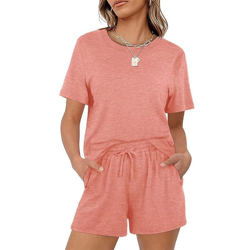 Teemie Pijama para Mujer Corta Ropa Manga Pijamas Conjunto Verano 2 Piezas Casa Corto Pantalones Cuello Redondo Camiseta Dos Casual Suave Top con Bolsillos Cordón Camisón Traje Talla Grande S-XXL