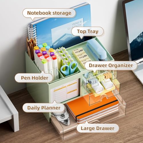 Image of UCRAVO Aesthetic Desk Organizer and Storage with 3 Clear Drawers|Pastel Green Multi-Functional Pencil Pen Holder|Large Capacity Desktop Organizer for Office,Home,Study Table & Art Supplies,Plastic