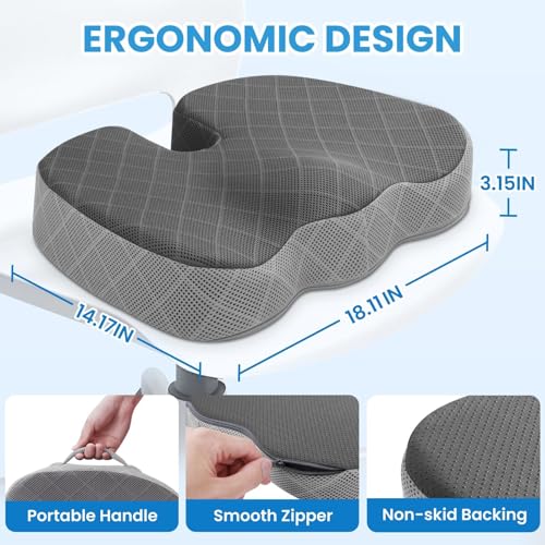 Image of TushGuard Office /Car Seat Cushion, Non-Slip Sciatica & Back Coccyx Tailbone Pain Relief Chair Pad, Memory Foam Butt Pillow for Computer Desk, Wheelchair, Driving (Black&Grey)