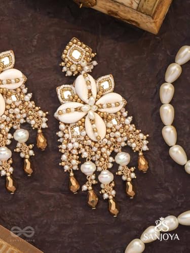 Image of SANJOYA by EVERSTYLISH Hand-Embroidered Statement Earrings for Women | Festive Ethnic Wear | Shell, Bead & Glass Drop Detailing | Lightweight, Gold-Toned Danglers for Weddings, Parties & Gifting