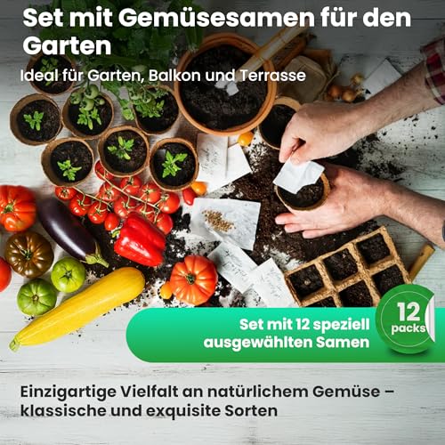TORAF Gemüsesamen Set 12 Sorten – Premium Saatgut für Garten, Balkon & Hochbeet – Tomaten, Gurken, Zucchini, Salat, Brokkoli, Karotten, Grünkohl, Schnittlauch – Anzuchtset Gemüsepflanzen