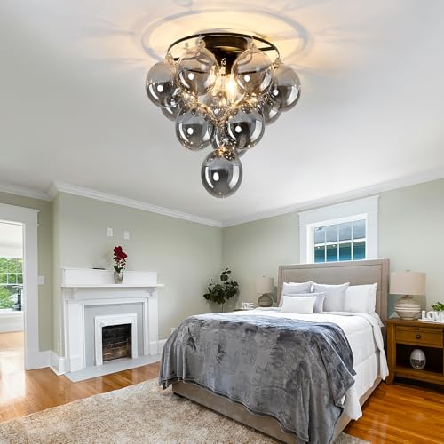 Image of Modern Sputnik Ceiling Light Fixture 2 Light Flush Mount Chandelier with 11 Glass Globe Black Dining Room Light Fixture for Living Room Master Bedroom Kitchen Farmhouse