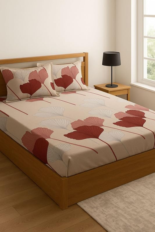 NEW TOWN Premium Cotton Feel Glace Cotton 210 Tc Elastic Fitted Bedsheets with 2 Pillow Covers Double Bed with Corner Elastic Supersoft Floral Pattren |Size-72X68+ 6 Inches SR 6314