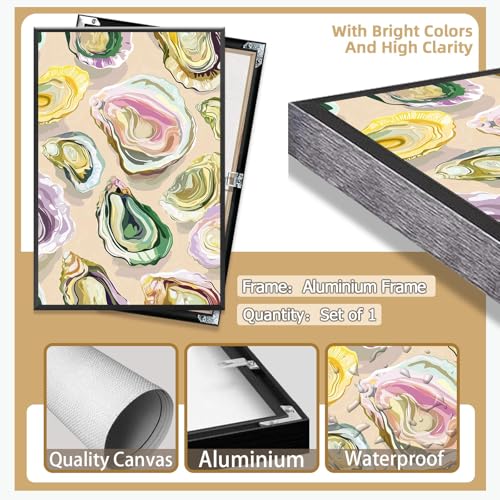 Image of Colorful Oyster Shell Poster Abstract Beachy Shell Canvas Wall Art Retro Summer Coastal Shell Picture Aesthetic Prints Painting For Home Living Room Kitchen Restaurant Wall Decor 8x12in Framed