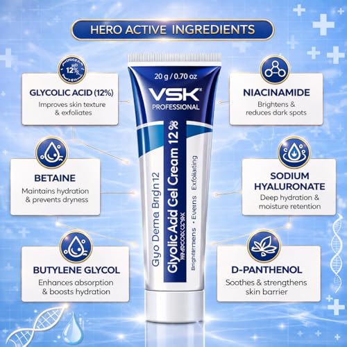 Image of VSK Professionals12% Glycolic Acid Cream Gel for Brightning, Anti-Pigmentation & Melasma Acne, Pimples & Dark Spots | Unclogs Pores, Smooth Skin Care With PDRN SPF50 Sunscreen Combo | 4 Tubes 20g each (80grm)