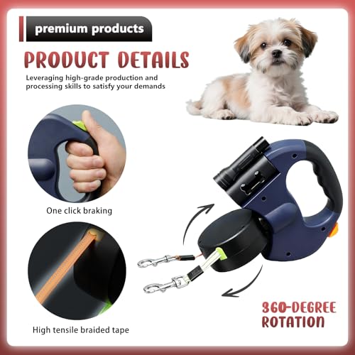 BAIFULAI Einziehbare Hundeleine für 2 Hunde, 3m Doppelleine für 2 Hunde mit Licht, Anti Rutsch Griff, ausziehbar, Rollleine Leine für Kleine Und Mittelgroße Hund (Blau)