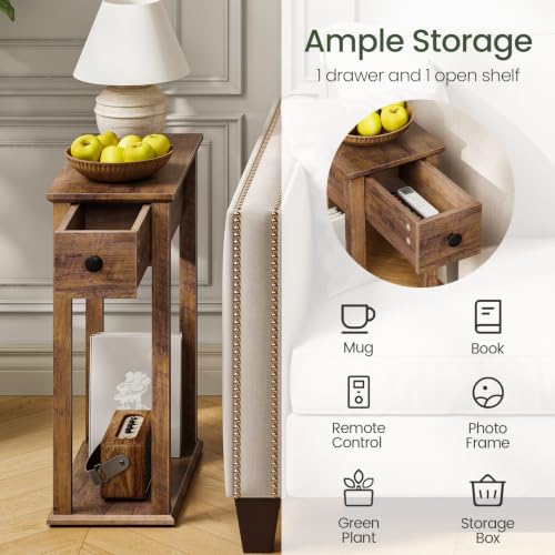 Image of Farmhouse End Table, 2-Tier Narrow Side Table with Drawer, Wooden Nightstand, for Small Space, Living Room, Bedroom