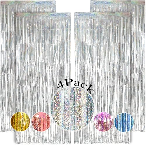 Image of 4 Pack Silver Fringe Backdrop 12.8x8.2 Ft Sparkle Metallic Tinsel Foil Fringe Curtain, Silver Tinsel Backdrop Curtain Door Streamers for Birthday Bachelorette Graduation Christmas Party Decorations