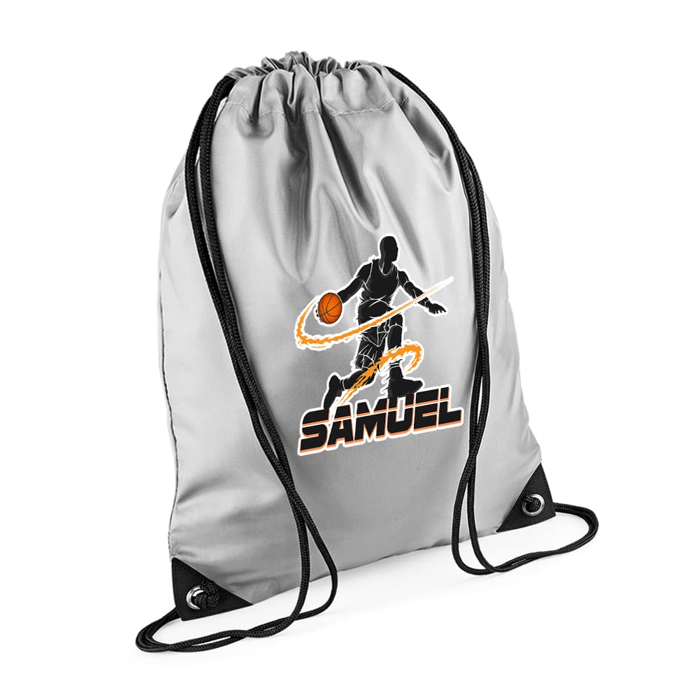 Personalised Basketball Player ANY NAME Sports Lover Gift for Men, Boy, Friend, Birthday present Drawstring Bag, PE Gym Kit Swimming, Sport Rucksack. (Silver) โ image 1