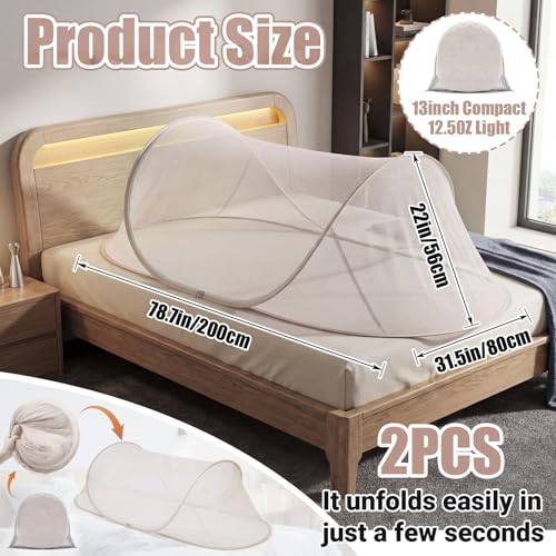 Image of 2 Pcs Large Pop up Mosquito Tent Portable Foldable Mosquito Bug Net for Bed Camping Travel Patio Outdoor 78 * 31 * 22 Inch Bug Netting Mesh Tent Canopy for Adults Bedroom, Brown