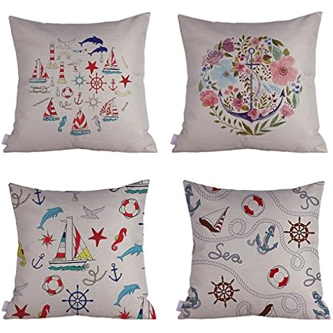 Queenie® - 4 pcs Nautical & Marine Theme Thick Cotton Linen Pillowcase Cushion Cover Decorative Throw Pillow Case 18 X 18 Inch 45 X 45 Cm (Bundle Set A of 4) Cover