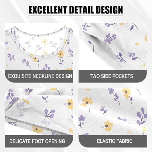 Yellow Flowers Purple Leaves Pattern Summer Cute Pajama Sets, Short Sets for Daily Wears and Sleep Wears4