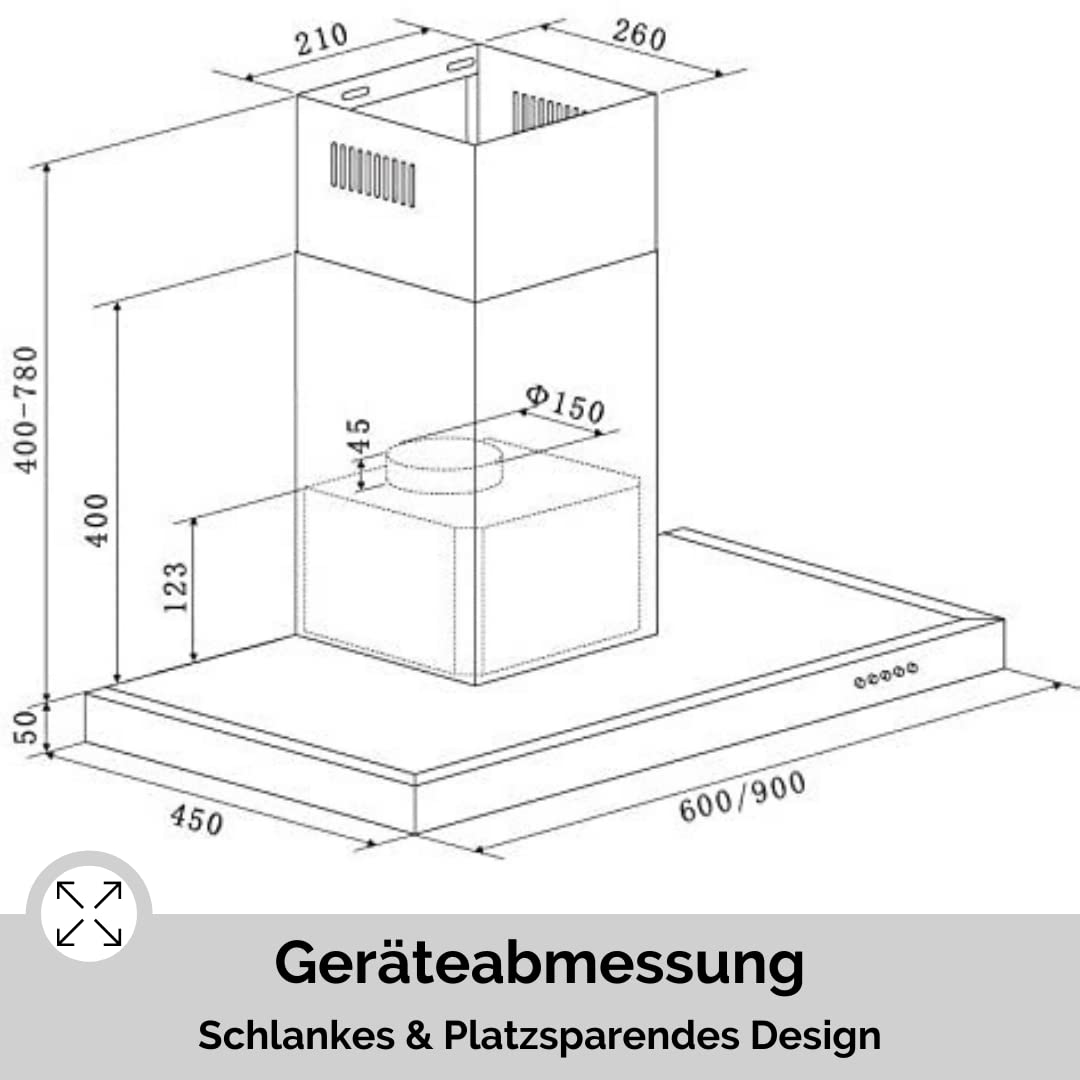 PKM Wandhaube 9004W | Dunstabzugshaube | 90cm Breite | Edelstahl | 3 Leistungsstufen | LED Beleuchtung | Abluft | Umluft