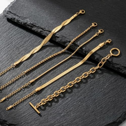 RINHOO Gold Chain Bracelets Set for Women - Trendy Paperclip Snake Link Layered Bracelets 18K Gold Plated Stainless Steel Stackable Wrist Jewelry Aesthetic Preppy Gifts (Gold-Style 3, 5) - image 2