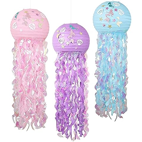 3 Pcs Mermaid Hanging Jellyfish Paper Lantern Kit, Cute Colorful Wish Lanterns for Baby Showe Child Birthday Party, Baby Room, Ocean Theme Undersea Event Party Decoration, Wedding, Party Supplies Cover